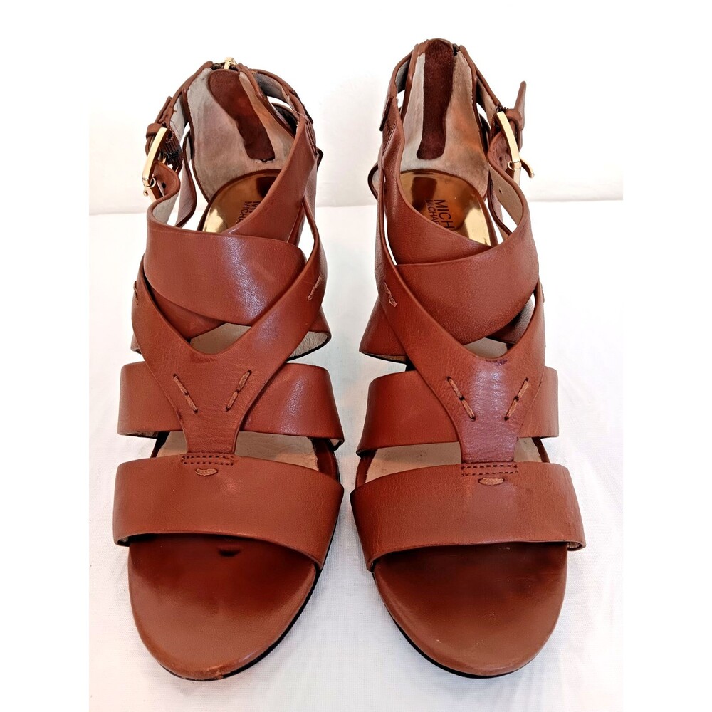 Michael Kors Brown Leather Strappy Heeled Sandals Gold Buckle Back Zip Size 10M